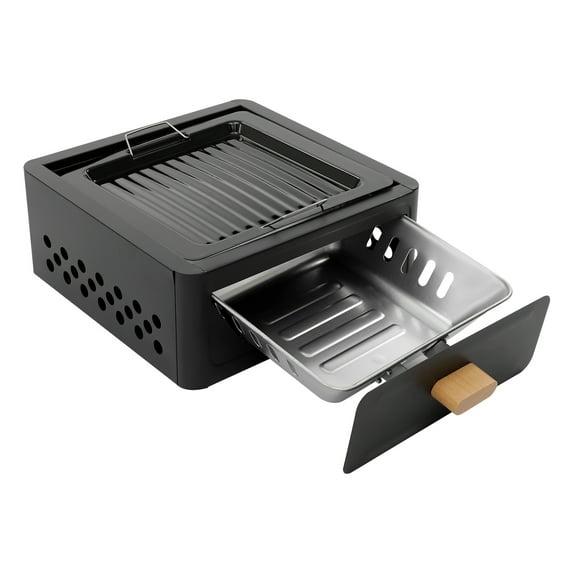 Black Portable Charcoal Grill, 12'' Foldable Charcoal Grill with Pull-Out Ash Tray & Ventilation, Compact Tabletop Barbecue Stove with Grate & Tray for Camping, Picnic, Backyard
