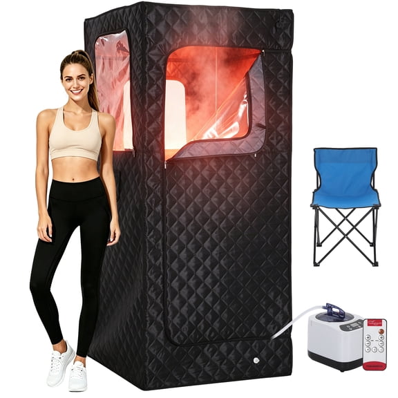 Black Portable Home Infrared Sauna, 32×32×71 Inch Full Set with 3L 1200W Steamer, Folding Chair & Remote Control