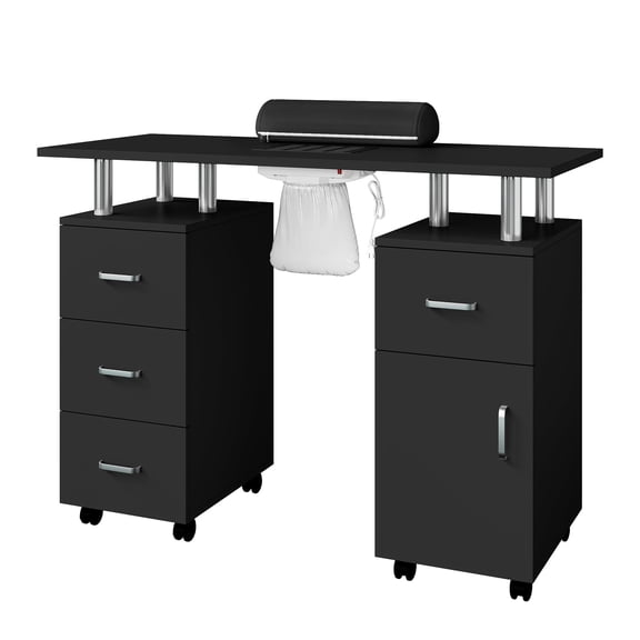 Black Portable Manicure Table for Nail Techs – 43'' Nail Desk with Electric Particles Collector, Lockable Wheels, Storage Drawers, Side Cabinet – Entryway Storage Organizer – Black US Standard