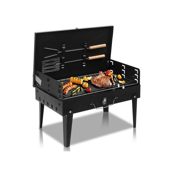 Black Portable Square Charcoal Grill – Compact Outdoor BBQ Grill – Ideal For Camping, Picnics, Backyard, Tailgating – Easy To Carry & Use, Grills Meats & Veggies