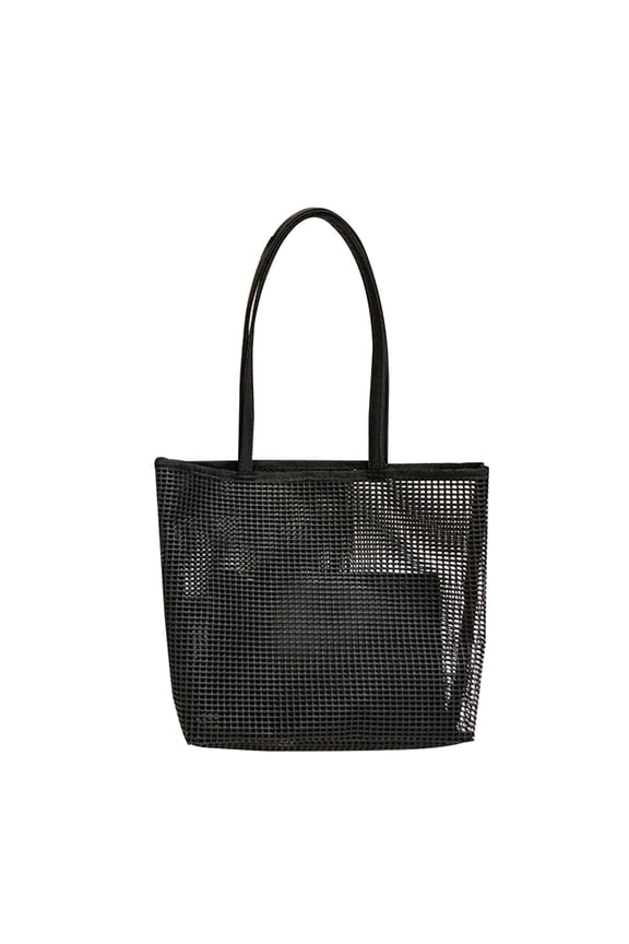 Black Portable Tote Bag Mesh Hollow Out Shoulder Bag Multifunctional Fashionable Pouch Beach Bag with Small Cosmetic Bag for Lady Girls