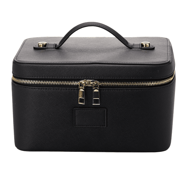 Black Portable Travel Cosmetic Bag, Large Capacity PU Leather Makeup Organizer with Detachable Dividers, Dual Zippers, Stable Structure for Bathroom Accessories, Toiletry Storage