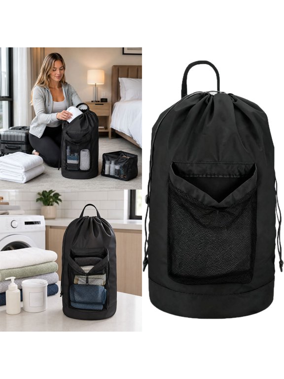 Black Portable Travel Laundry Bag with Handle and Shoulder Strap - Lightweight Drawstring Backpack for Camping, Gym, Dorm, Clothes Organizer, Tear Resistant