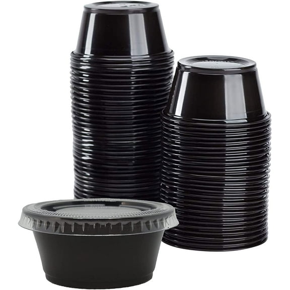 Black Portion Cups with Clear Lids, Disposable Plastic Cups for Meal Prep, Portion Control, Salad Dressing, Medicine, Premium Small Plastic Condiment Container (3.25, Circular, 2500,2500PM-PC3.25BLK)