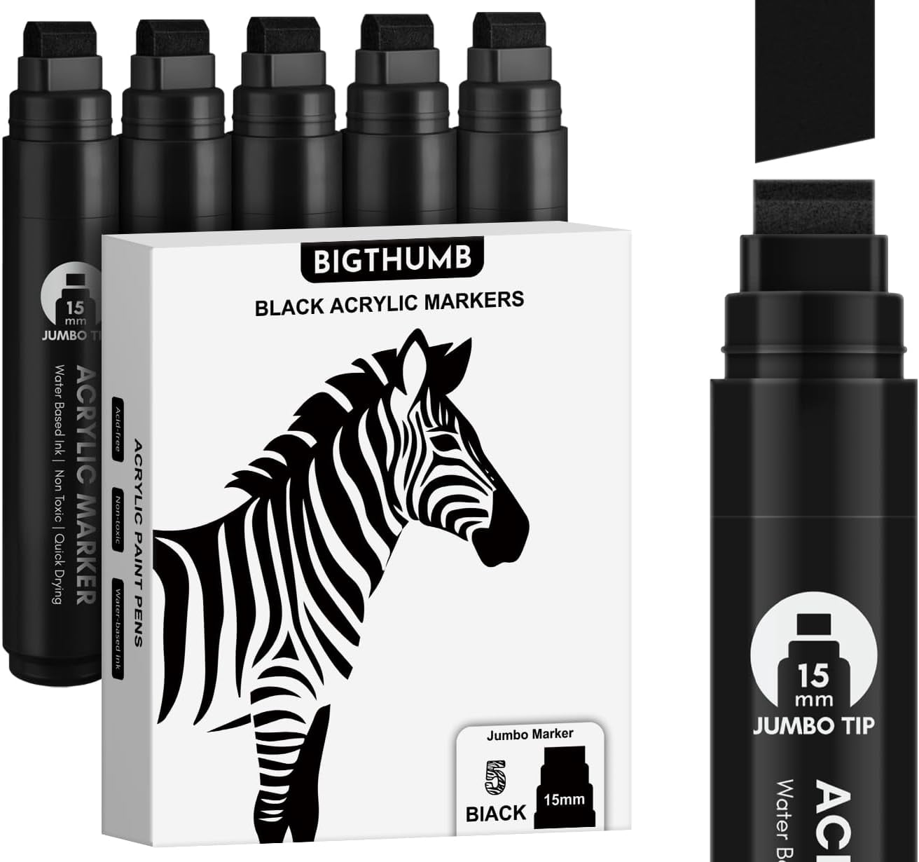 Black Poster Markers Jumbo: 5 Pcs 15mm Wide Tip Thick Acrylic Paint Pen Large Permanent Calligraphy Markers for Rock Painting, Stone, Poster, Canvas, Glass, Wood, Ceramic