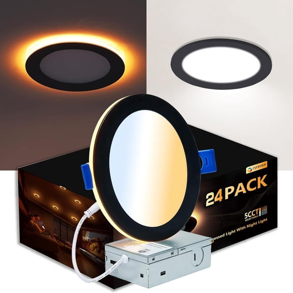 Black Pot Lights LED 3 Inch Black Recessed Lighting with Night Light, Dimmable & 5CCT Selectable Slim Downlight Soffit Lights, 6W, cETL, IC & Wet Rated, 24 Pack