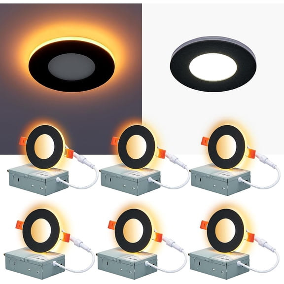 Black Pot Lights LED 3 Inch Recessed Lighting with Night Light, Dimmable & 5CCT Selectable Slim Wafer Downlight Soffit Lights, 6W, cETL, IC & Wet Rated, 6 Pack