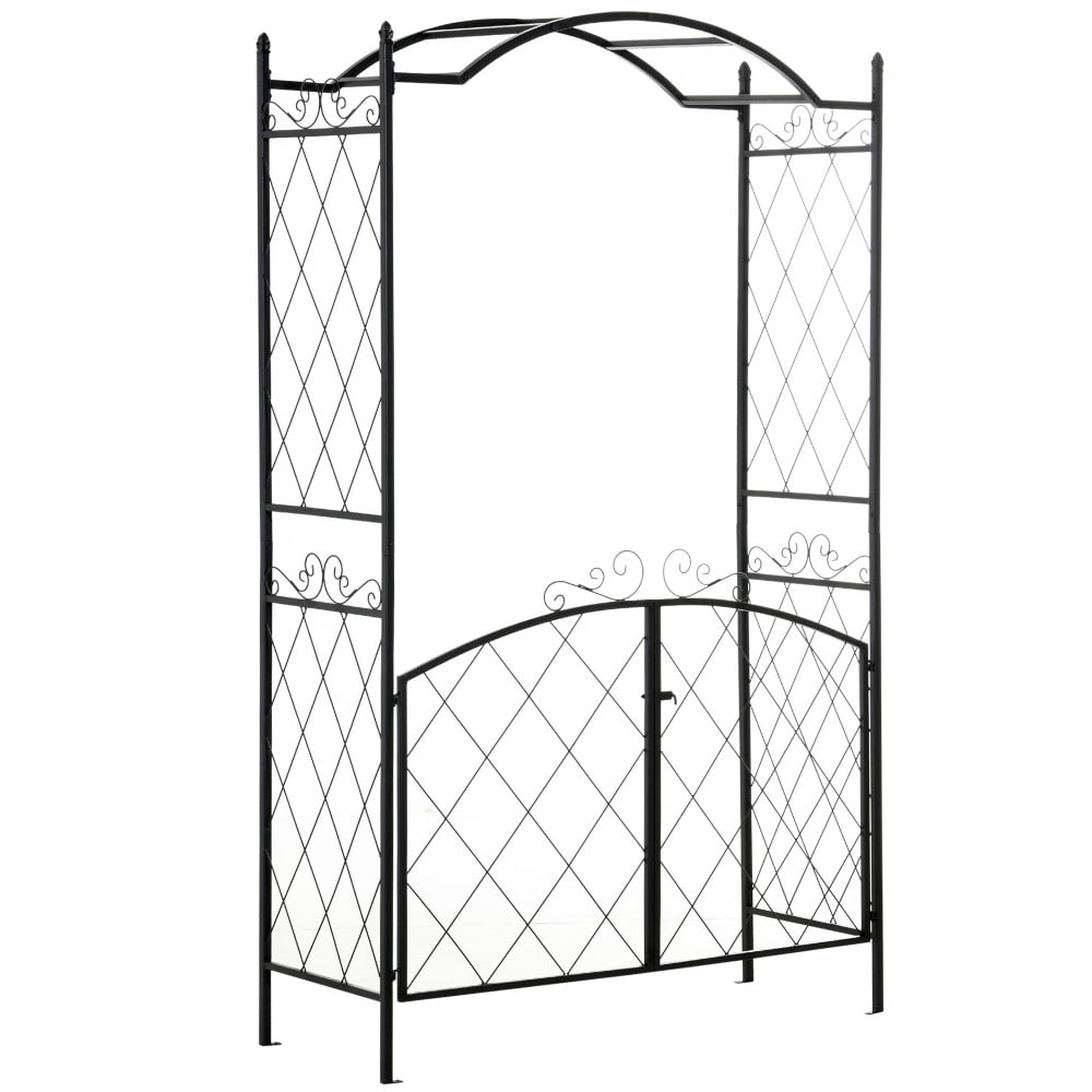 Black Powder Coated Metal Garden Arch Arbor with Lockable Latch Gate ...