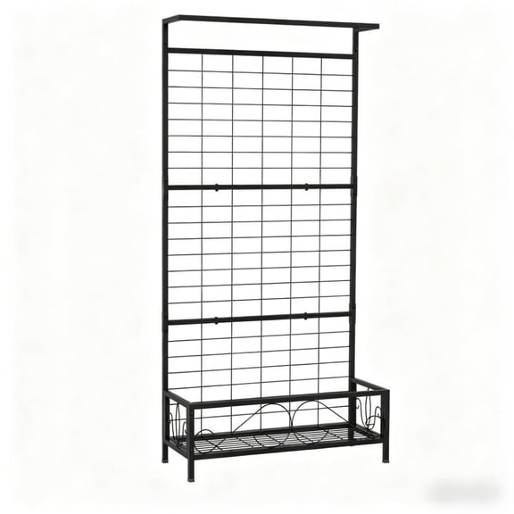 Black Powder Coated Steel Vertical Plant Stand with 68" Grid Trellis, Bottom Pot Rack & Top Hanging Bar, 35.4"12.8"74.2" Indoor Outdoor Multi-Function Vine Flower Display Holder