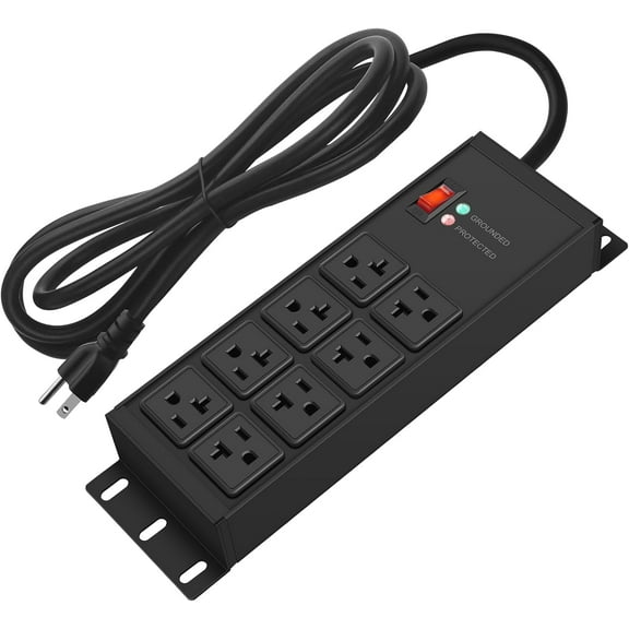 Black  Power Strip Surge Protector 20 AMP, 8 Outlets 12 Gauge Industrial Shop Garage  Multiple Outlets, 25 FT Extension Cord 5-15P  High Amp 6-20R T-Slot 20a for Appliance