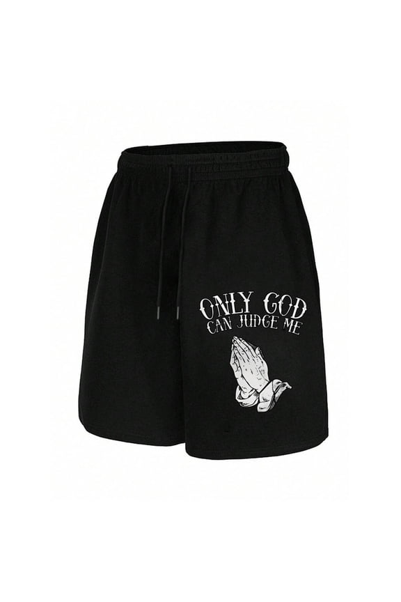 Black Praying Hands Only God Can Judge Me Print Casual Shorts With Drawstring And Pockets