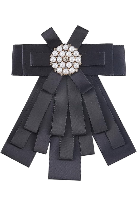Black Pre Tied Tie with Pin Delicate Fabric Brooch Beaded Rhinestone Pearl Silk Satin Ribbon Bowknot Neck Collar Ties for DIY Women Ladies for DIYmal Prom Banquet Suit Skirt Unifor DIYm Decoration