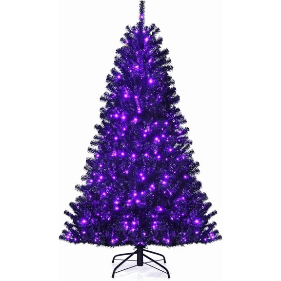 Black Pre-lit Christmas Tree, 6FT Artificial Xmas Tree with 250 Purple LED Lights, 680 Branch Tips, Foldable Metal Stand, Holiday Halloween Tree for Home Party