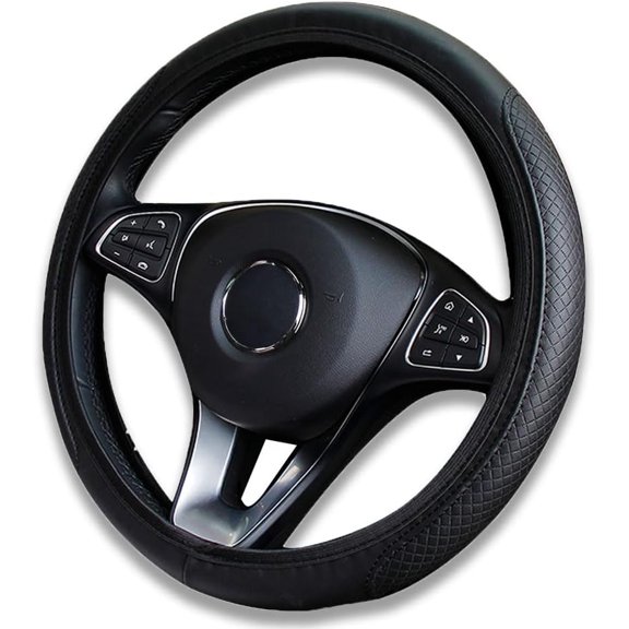 Black Premium PU Leather Steering Wheel Cover 3D Embossed Non-Slip Breathable Soft Grip for All-Season Comfort Universal Fit for 15 Inch Wheels