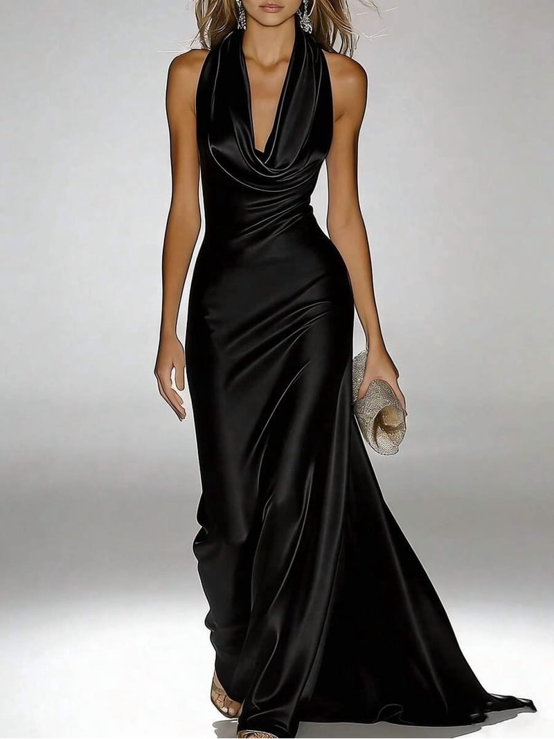 Black Premium Satin Halter Neck Cowl Neck Evening Gown, Mermaid Bodycon Long Formal Dress, Shiny Luxe Fabric For Prom Party, Women's, Size: 2XL