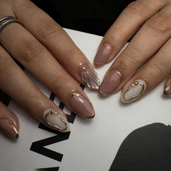 Black Press on Nails Gold Fake Nails Flower Glue on Nails with 3D Design Star Glue on Nails Medium Almond Stick on Nails Glossy Artificial Acrylic Full Cover False Nails for Women Manicure 24Pcs