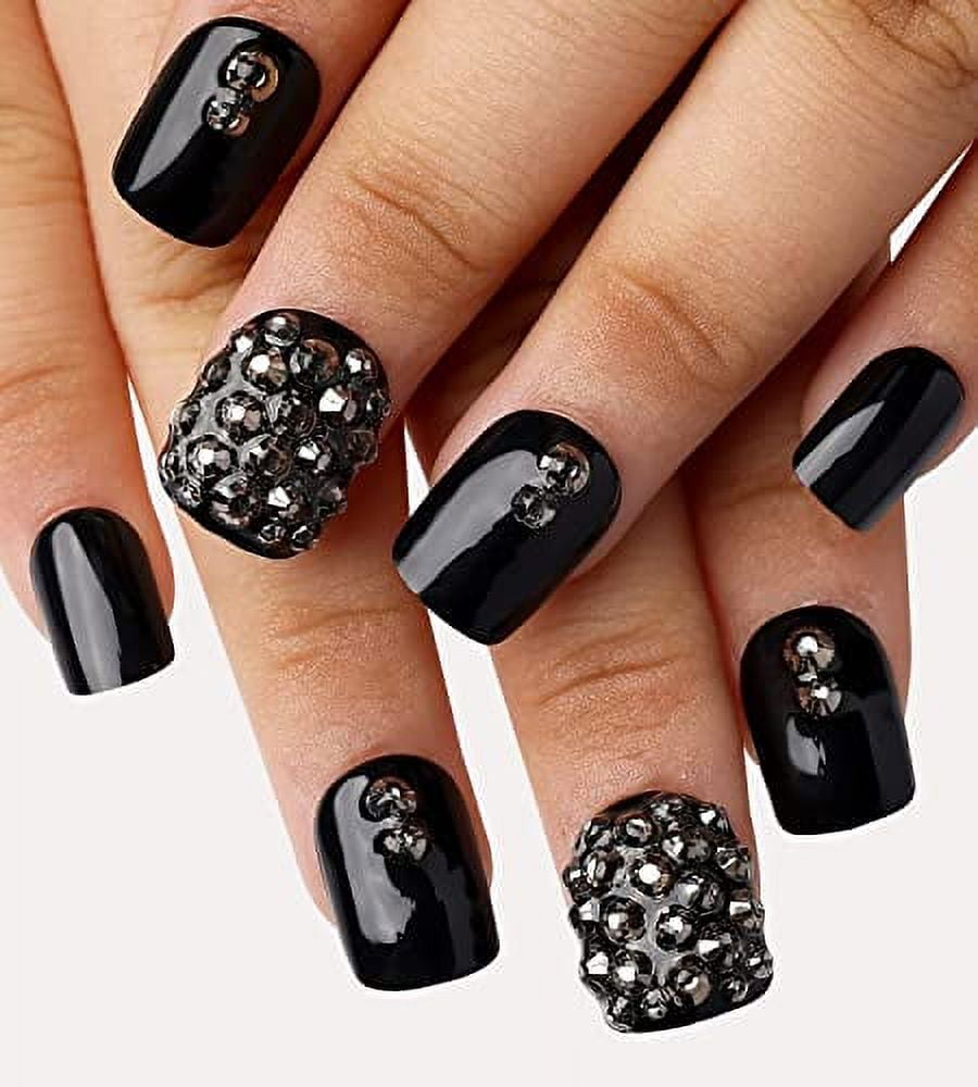 Black Press on Nails Short Kikmoya Square with Gray Rhinestones