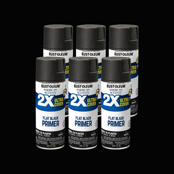 6 Pack, Black Primer Rust-Oleum American Accents 2X Ultra Cover Flat Spray Paint-327911, 12 oz