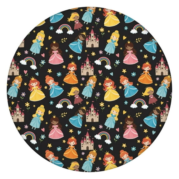 Black Princess Castle Pattern Round Fitted Tablecloth with Elastic Edge,Dining Table Cover Waterproof,Outdoor Round Tablecloth for Camping,Dining,Indoor and Outdoor