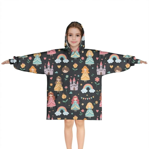 Black Princess Castle Rainbow Pattern Blanket Hoodies for Kids 6-13YR Oversize Wearable Blanket Hoodies for Boys Girls Teens