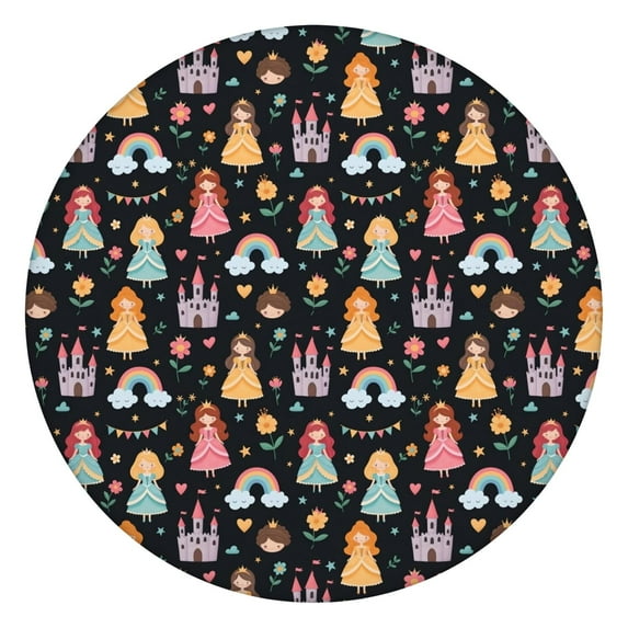 Black Princess Castle Rainbow Pattern Round Fitted Tablecloth with Elastic Edge,Dining Table Cover Waterproof,Outdoor Round Tablecloth for Camping,Dining,Indoor and Outdoor