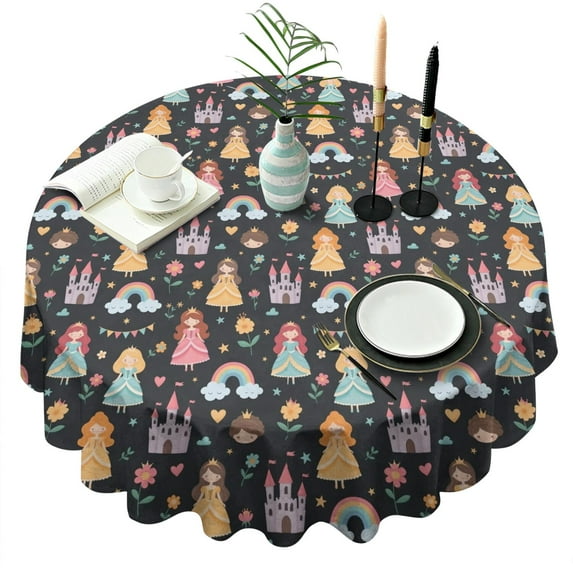 Black Princess Castle Rainbow Pattern Round Tablecloth 60"x60",Wrinkle Wipeable Table Cloth for Kitchen Dining Room Picnic Patio Party