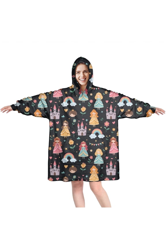 Black Princess Castle Rainbow Pattern Wearable Oversized Blanket,Wearable Blanket Hoodie for Adults,Cozy Hooded Blankets with Super Pockets,Super Warm Fuzzy Pullover for Women & Men