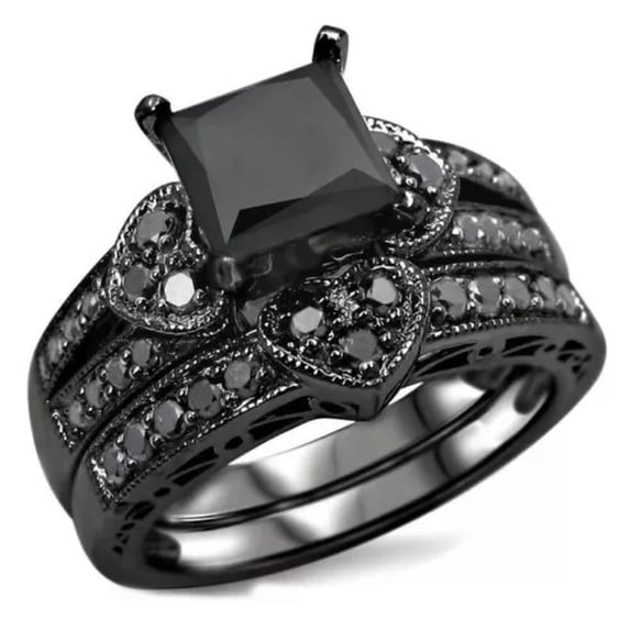 Black Princess /Love Heart Cz Bands Women's Black Gold Filled Ring Set Size 6-10