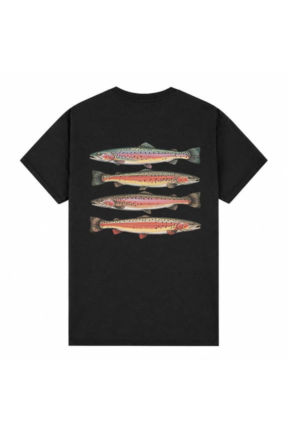 Black Print Abstract Colorful Trout In A Row T-shirt, River Fish Trout Tee, Fly Fishing Gift