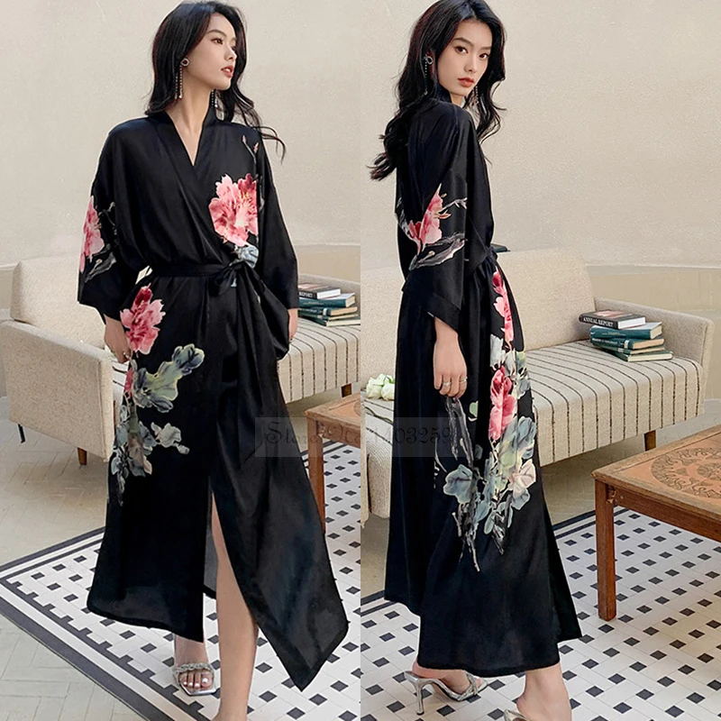 Black Print Flower Long Robe Nightgown Spring Summer Half Sleeve Kimono ...