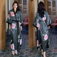 thumbnail image 1 of Black Print Flower Long Robe Nightgown Spring Summer Half Sleeve Kimono Bathrobe Gown Women Sexy Rayon Home Dress Loungewear (Gray Blue Long Robe2,One Size), 1 of 7