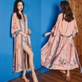 thumbnail image 1 of Black Print Flower Long Robe Nightgown Spring Summer Half Sleeve Kimono Bathrobe Gown Women Sexy Rayon Home Dress Loungewear (Pink Flower 2,One Size), 1 of 7