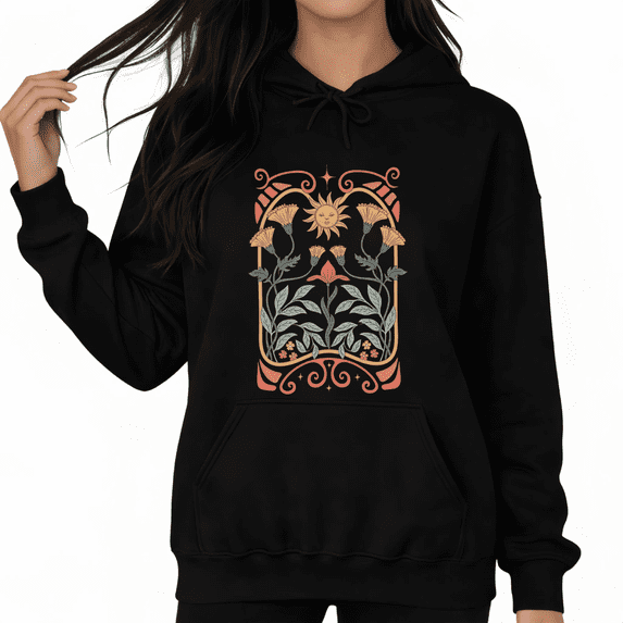 Black Print Hoodie Graphic Hoodie Art Nouveau Sun Floral Daily Casual Relaxing Witchy Inspired Tops S-2XL Tops