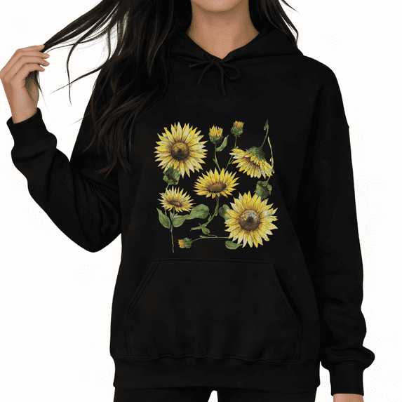 Black Print Hoodie Graphic Hoodie Watercolor Sunflower Cluster Daily Casual Relaxing Nature Inspired Tops S-2XL Tops