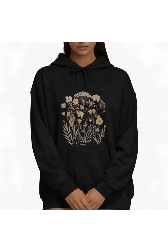 Black Print Hoodie Graphic Sweatshirt Cottagecore Floral Art Gift For Flower Lovers S-2XL Tops