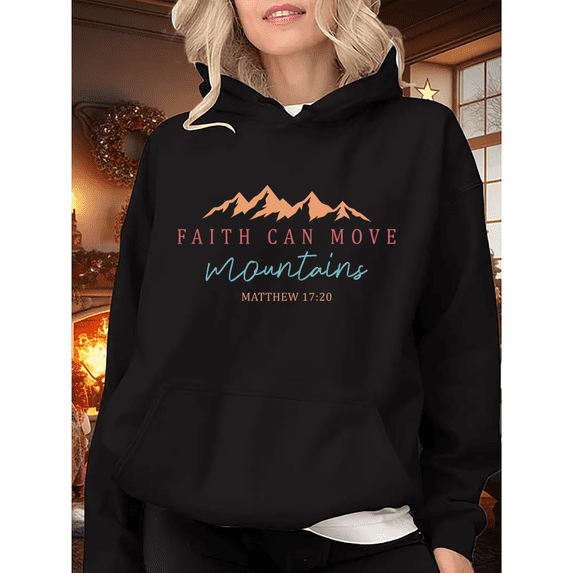 Black Print Hoodie Graphic Sweatshirt Faith Can Move Mountains Matthew 17:20 Christian Bible Verse Colorful Mountain Design Casual Worship Tops S-2XL