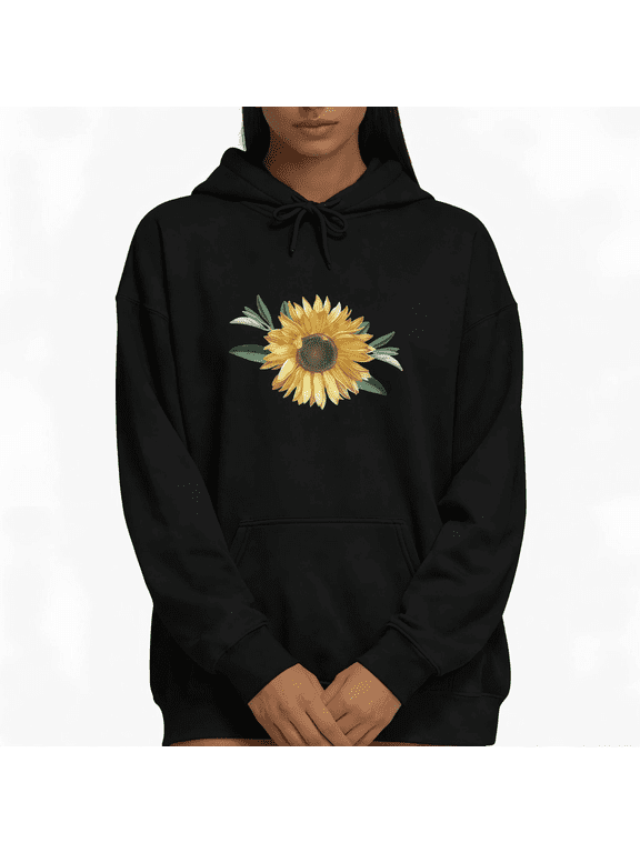 Black Print Hoodie Graphic Sweatshirt Realistic Sunflower Design Trendy Pullover S-2XL Tops