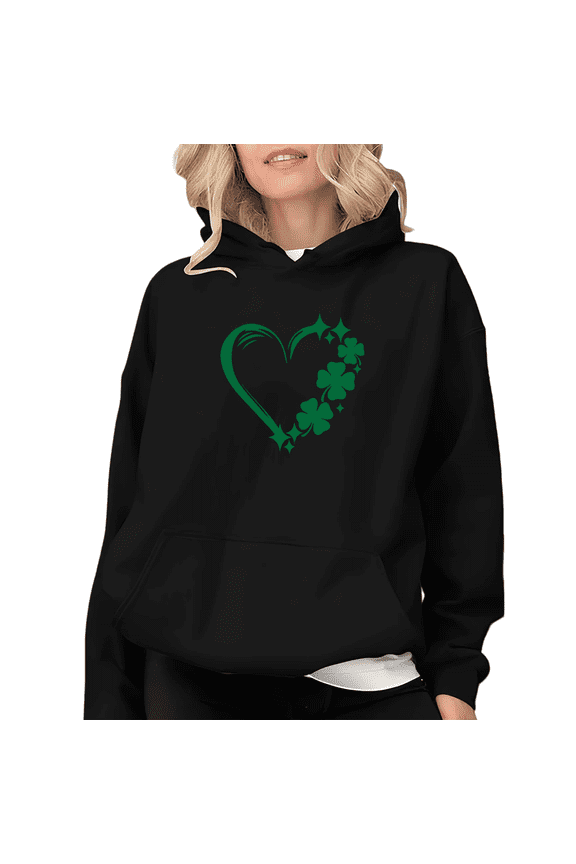 Black Print Hoodie Graphic Sweatshirt St Patrick Day Heart Clover Star Pattern Glamorous Comfortable Casual Wear Print Sweatshirt Graphic Tees Shirts Tops S-2XL