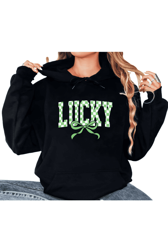 Black Print Hoodie Graphic Sweatshirt St Patrick Day LUCKY Letter Checkered Bow Pattern Fashion Cozy Casual Wear Print Sweatshirt Graphic Tees Shirts Tops S-2XL
