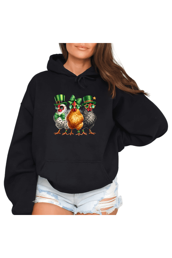 Black Print Hoodie Graphic Sweatshirt St Patrick Day Star Accent Chicken Pattern Playful Comfortable Casual Wear Print Sweatshirt Graphic Tees Shirts Tops S-2XL