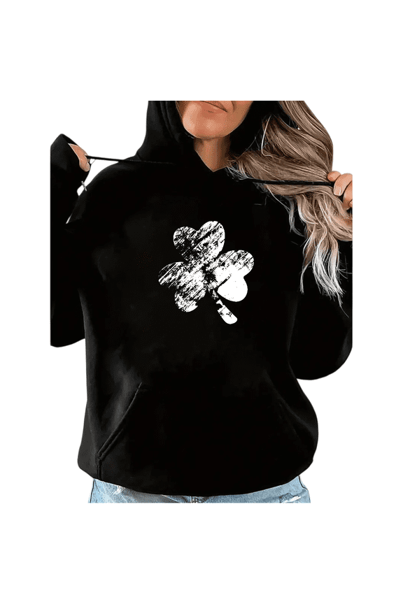 Black Print Hoodie Sweatshirt Distressed White Shamrock Graphic Sweatshirt Casual St Patricks Day Shirts Tops S-2XL