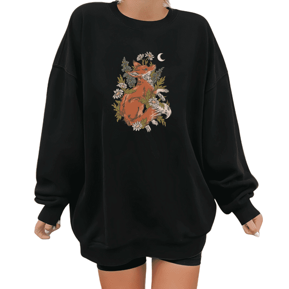 Black Print Sweatshirt Graphic Moonlit Fox In Florals Design Enchanted Woodland Theme Casual Daily Shirts Stylish Comfortable Apparel Tops S-3XL