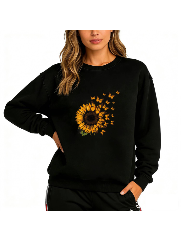 Women's Graphic Sweatshirt Butterfly Sunflower Print Pullover S-3XL