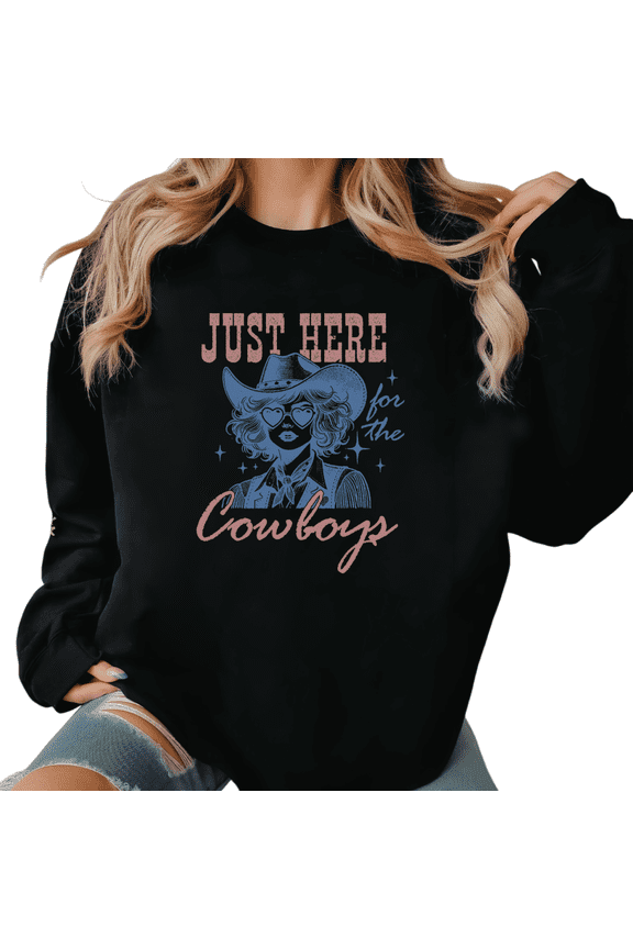 Black Print Sweatshirt Graphic Sweatshirt Cotton S-3XL Retro Cowgirl Print Just Here For The Cowboys Stylish Plain Tops