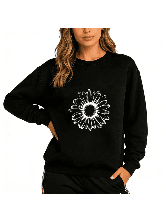 Women's Graphic Sweatshirt Daisy Line Art Print Crew Neck Pullover S-3XL