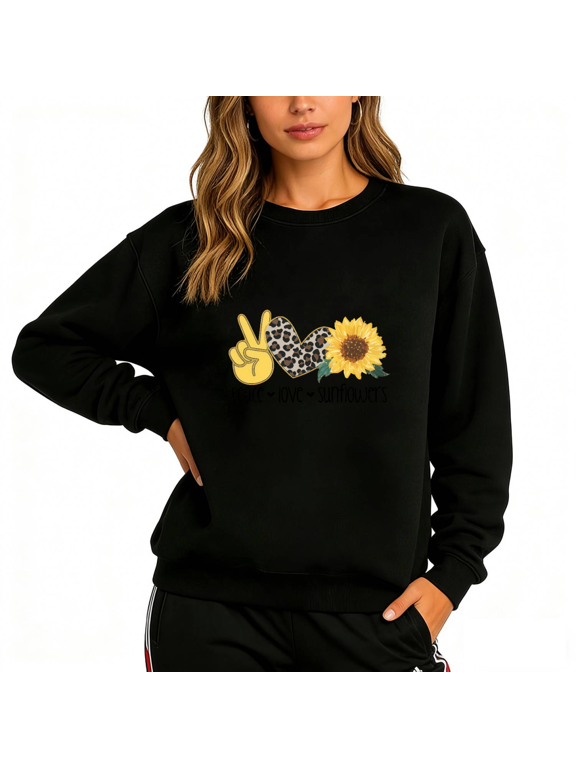 Women's Graphic Sweatshirt Love Peace Sunflowers Print Pullover S-3XL