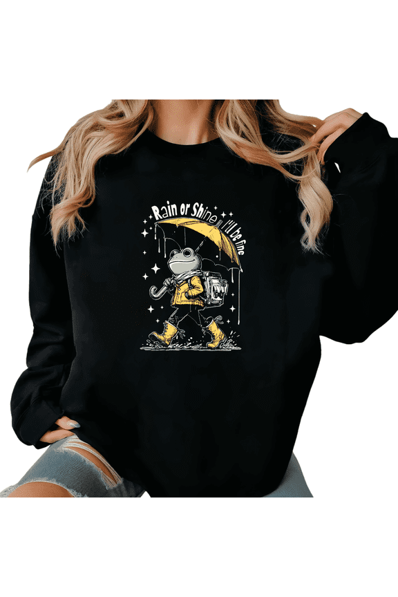 Black Print Sweatshirt Graphic Sweatshirt Rain Or Shine Frog With Umbrella Casual Wear S-3XL Tops
