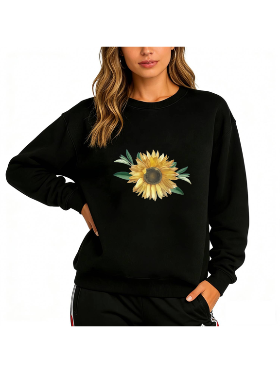 Women's Graphic Sweatshirt Single Sunflower Print Crew Neck Pullover S-3XL