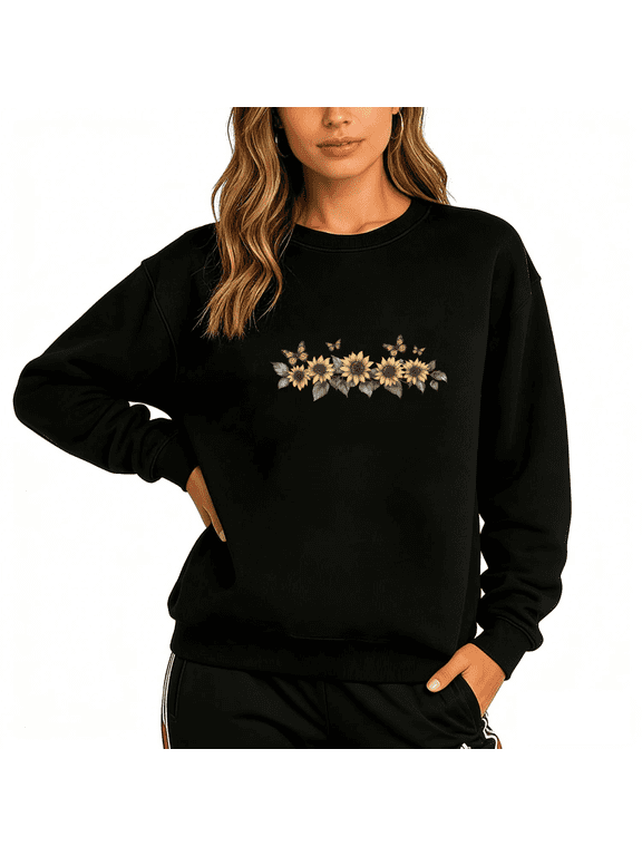 Women's Graphic Sweatshirt Sunflower Butterfly Band Print Pullover S-3XL