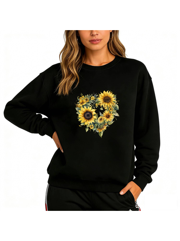 Women's Graphic Sweatshirt Sunflower Heart Print Crew Neck Pullover S-3XL